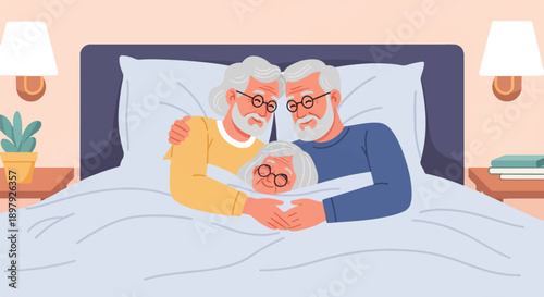 Three elderly people in bed, embracing warmly, with nightstands and lamps