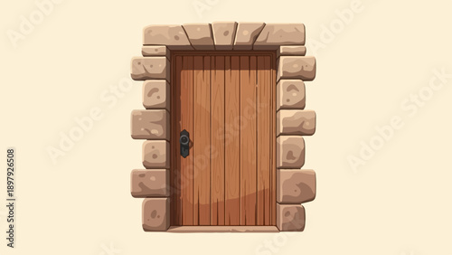 Rustic wooden door with stone archway, no visible elements