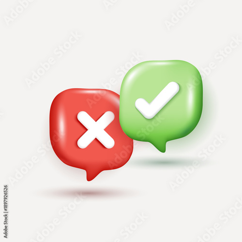 3D check mark and cross symbols in red and green speech bubbles. Vector illustration for right or wrong choice, yes or no decision, feedback, quiz, voting, and UI UX interface design elements.