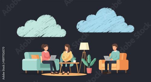 Three people in a room with laptops under stylized clouds
