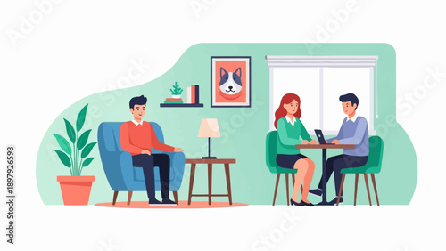 Three people in a room with a plant, framed dog picture, and lamp