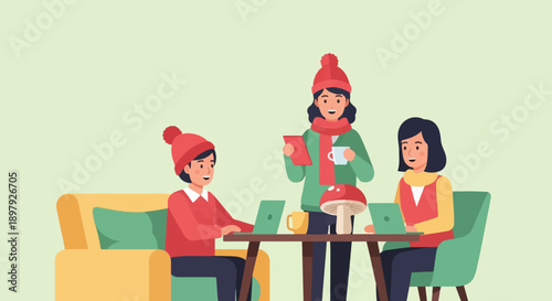 Three people in winter hats and scarfs use laptops while sitting and standing indoors