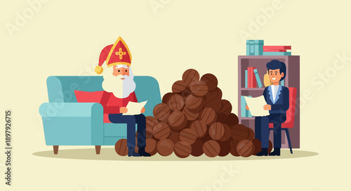 Saint Nicholas and a businessman discuss papers amid a large pile of coffee beans