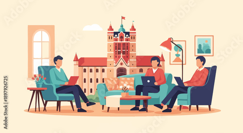 Three people working on laptops in a cozy room with a castle background