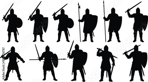 Black silhouettes of medieval warriors with swords shields and spears on white background