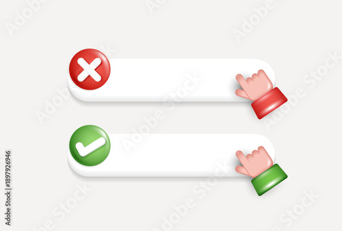 3D interactive button bars with check mark, cross icons and clicking hands. Vector illustration for online quiz, survey, right or wrong choice, voting and user interface design elements.