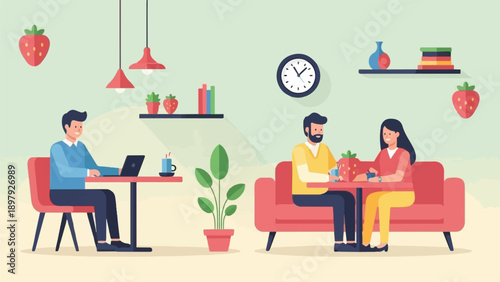 Two couples enjoy a relaxing day at a cafe, with strawberries as a theme