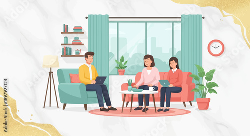 Three people working on laptops on couches in a brightly lit room