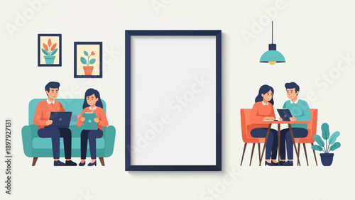 Two couples interact using devices in a modern, well-lit space with artwork