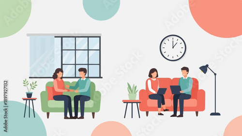 Two couples relax indoors, one conversing, the other working on laptops