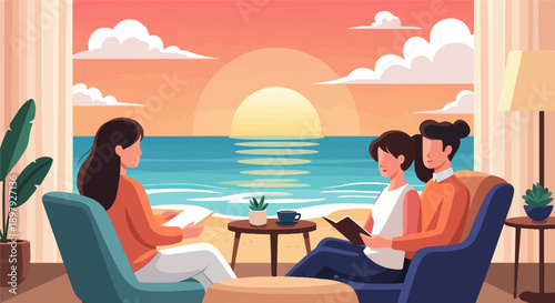 Two couples relax indoors by the sea at sunset, enjoying leisure time