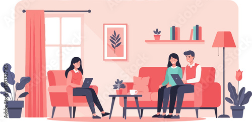 Two couples working remotely on laptops in a cozy, sunlit living room