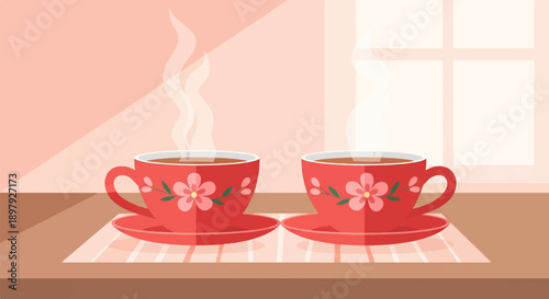 Two cozy cups of steaming tea or coffee with floral design