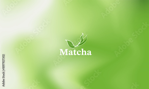 Abstract matcha green tea background with soft liquid waves and leaf logo. Green organic texture for healthy drink, zen wellness, tea ceremony, cosmetic packaging and nature product banner design.