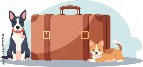 Two cute dogs, one large brown suitcase, travel theme illustration