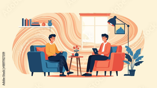 Two men in a cozy living room, one on a laptop, the other relaxing