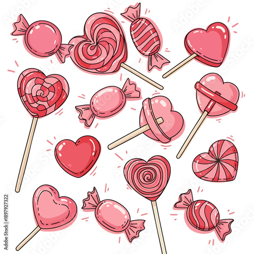 Colorful assortment of heart-shaped and twisted lollipops on sticks