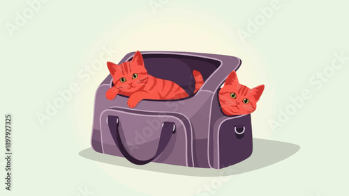 Two cute ginger kittens peek out from a purple carrier bag