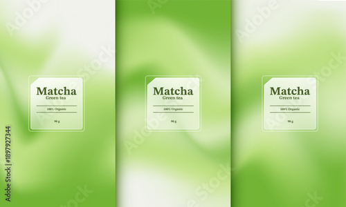 Matcha green tea background templates with soft liquid waves and organic leaf line art. Vector illustration for healthy drink banner, tea ceremony poster, zen wellness and cosmetic packaging design.