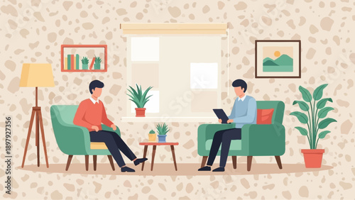 Two men in a living room, one receiving guidance, the other observing