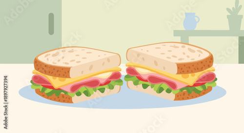 Two delicious looking sandwiches with ham, cheese, lettuce, and tomato