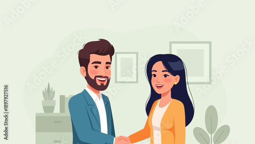 Two diverse colleagues enthusiastically shake hands in a bright, modern office