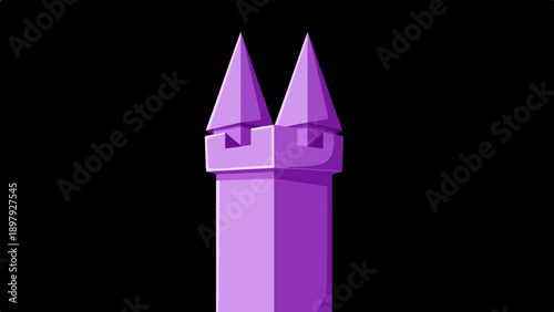 Stylized purple tower with crenellations and pointed spires against black