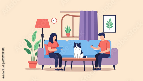 Two people and a cat sit on a couch, looking at clipboards