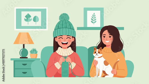 Two happy friends, one knitting and one holding a cat, relaxing indoors