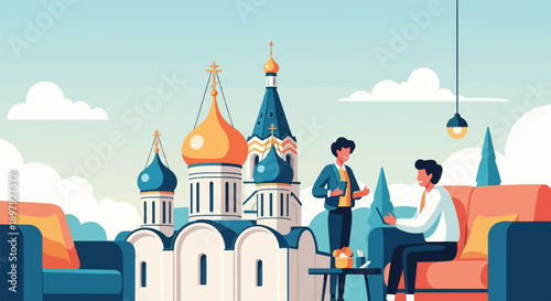 Two men in a modern interior with a view of a historic domed building