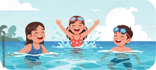 Three happy kids splashing and playing in clear blue water on a sunny day