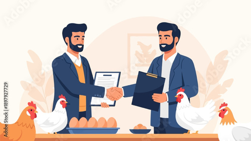 Two men in suits shake hands in front of chickens and eggs