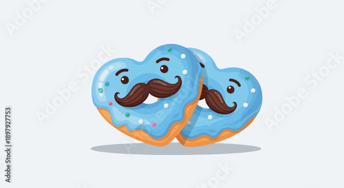 Two heart-shaped blue frosted donuts with mustaches and sprinkles