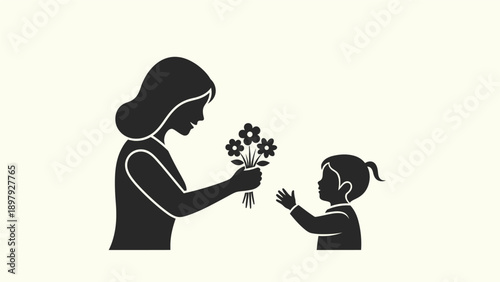 Mother giving flowers to her little daughter in a tender moment.