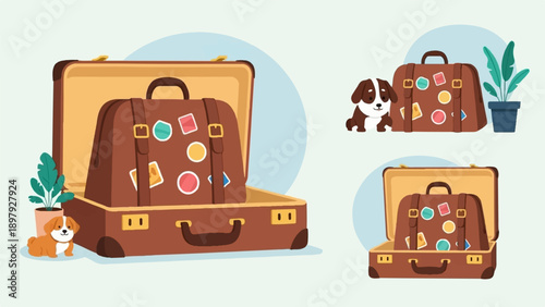 Two dogs near suitcases, one suitcase open with travel stickers, another closed