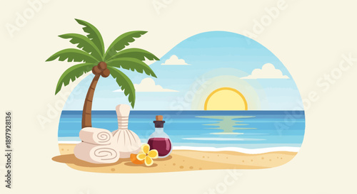 Serene beach scene with spa items under a setting sun