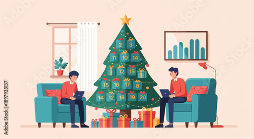 Two men relax in armchairs by a decorated Christmas tree with an advent calendar