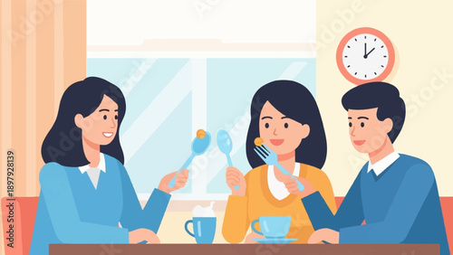 Three smiling people enjoy a meal together at a table, with a clock on the wall