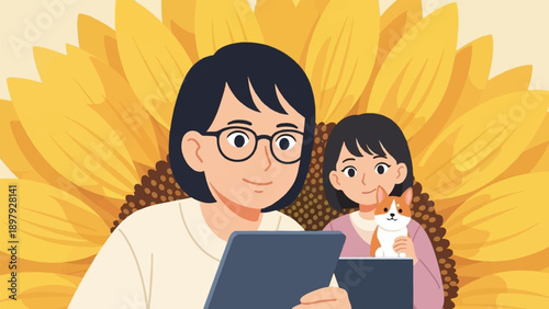 Two people and a dog by a large sunflower