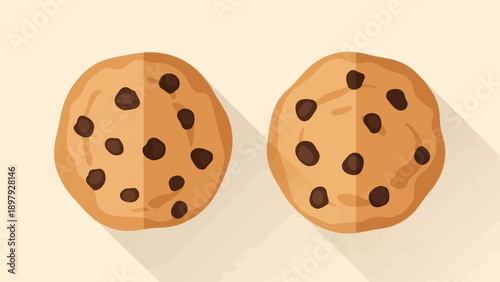 Two illustrated chocolate chip cookies casting long shadows