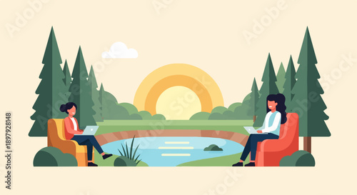 Two individuals are seated in chairs, engrossed in their laptops, surrounded by nature