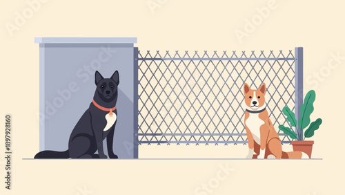 Two dogs sit in a yard next to a fence and a building