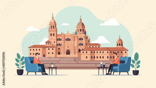 Two men relax in armchairs outside a grand European cathedral in soft daylight