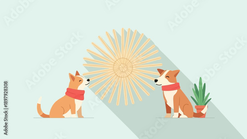Two dogs wearing scarves interact under a sunburst shadow