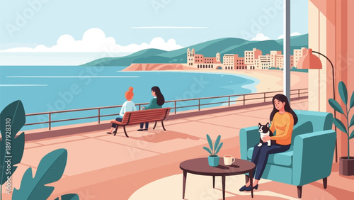 Serene coastal view with people relaxing on a terrace and a dog companion