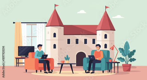 Two men relax indoors on laptops, with a castle facade behind them