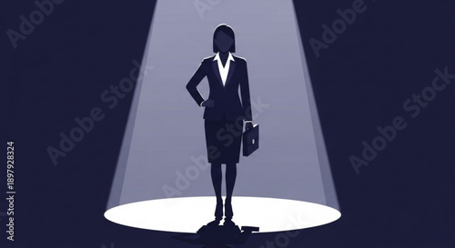 Confident Businesswoman Standing Under Spotlight Holding Briefcase