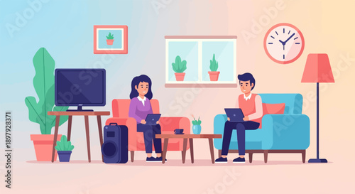 Two individuals interact with laptops in a cozy living room setting