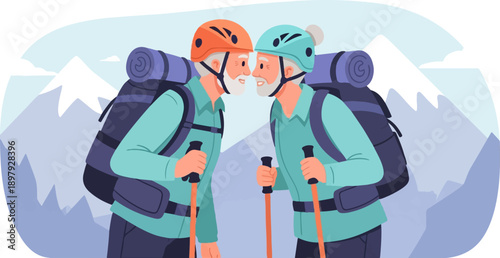 Two elderly men in mountaineering gear with backpacks gaze at each other