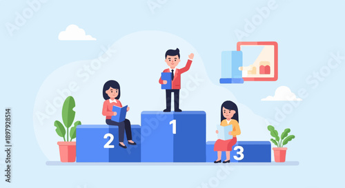 Three people on a podium, holding books, one waving